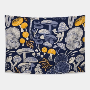 Mystical fungi // midnight blue background ivory pale blue and yellow wild mushrooms Tapestry