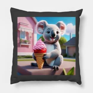 A Koala Bear Eating Strawberry Ice Cream Outside A House Made Of Strawberry Ice Cream Pillow