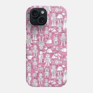 Robots in Space pattern - pink and white Phone Case