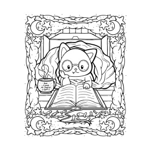 Cozy Cat in A Blanket with Book Line Art Illustration T-Shirt