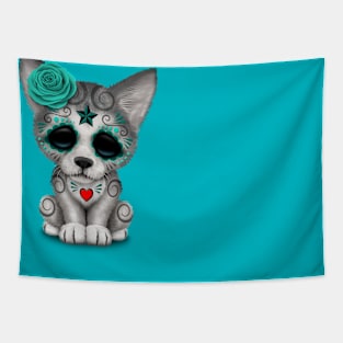 Blue Day of the Dead Sugar Skull Wolf Cub Tapestry