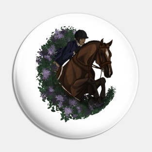 Bay Hunter Horse Jumping in Spring Flowers Pin
