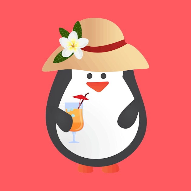 Cute Penguin with Tropical Hat and Drink by bluerockproducts