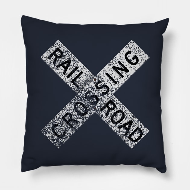 Railroad Crossing Sign (classic - distressed) Pillow by GloopTrekker