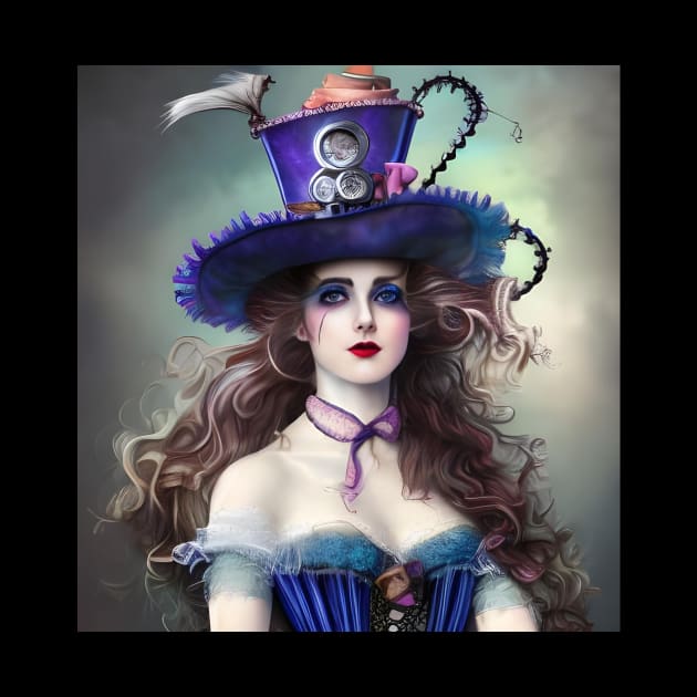 Victorian steampunk woman big hat in blue. by Tuff Tees