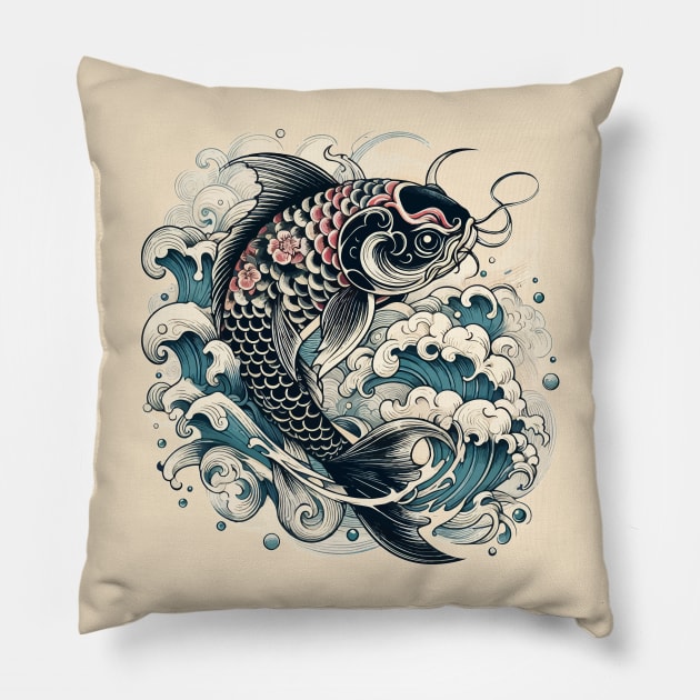 Karasu Black Koi Fish Pillow by TomFrontierArt