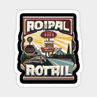 A graphic that captures the vintage vibe of a classic road trip, complete with iconic roadside attractions and retro typography. Magnet