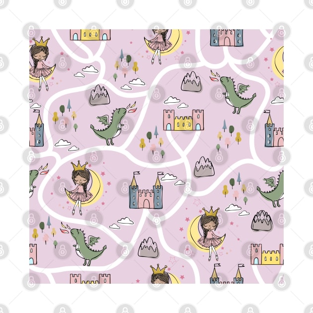 Childish seamless pattern with princess and dragon pink background by Arch4Design