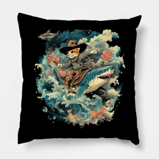 Cat Riding Shark Underwater Excitement Pillow