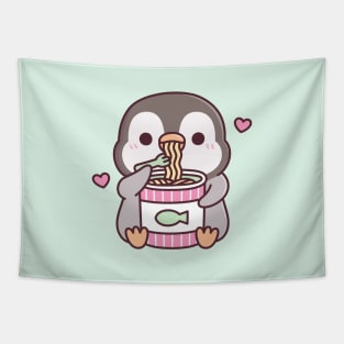 Cute Penguin Loves Instant Noodles Tapestry