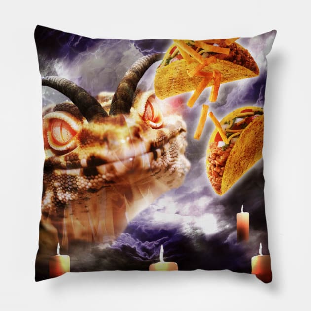 Demon Leopard Gecko Eating Taco & Fries Pillow by Random Galaxy