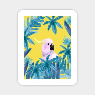 Cockatoo with tropical leaves in watercolor and a yellow background Magnet