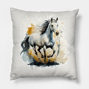 White Horse Running Watercolor Painting Color Illustration Pillow