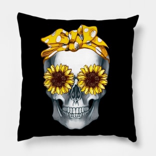 Cool skull, jellow bandana and sunflowers skull mask face Pillow