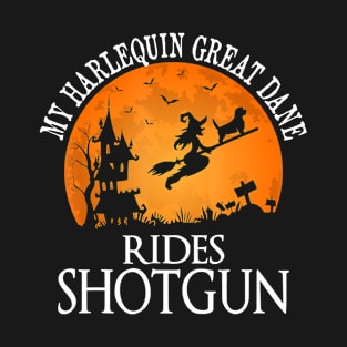 Harlequin Great Dane Rides Shotgun Dog Lover Halloween T-Shirt