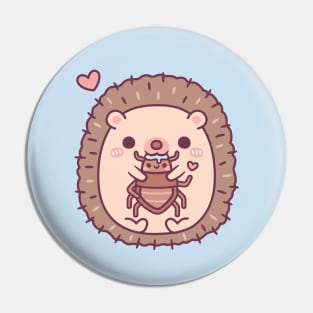 Cute Hedgehog Munching On Beetle Funny Pin