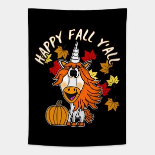 Happy Fall Y'All Unicorn Leaves Pumpkin Autumn Tapestry