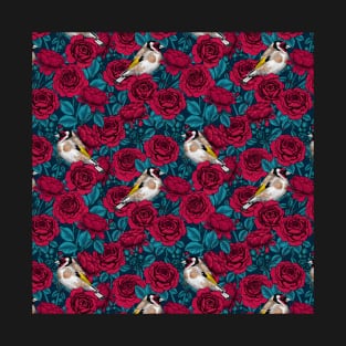 Red rose flowers and goldfinch birds T-Shirt