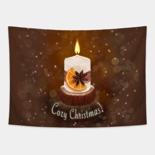 Cozy Christmas greeting Christmas candle among magic lights Tapestry