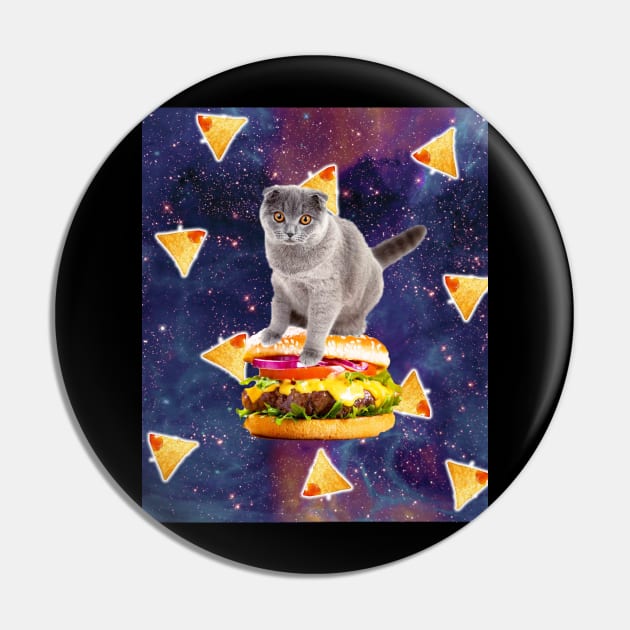 Space Kitty Cat Riding Burger With Nachos Pin by Random Galaxy