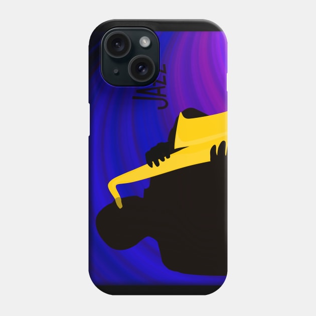 Silhouette of a Jazz Saxophone Player, Purple Blue Background Phone Case by ibadishi