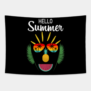 Hello Summer Funny face  with sunglasses, pineapple, watermelon  enjoy summertime on a beach vacation Tapestry