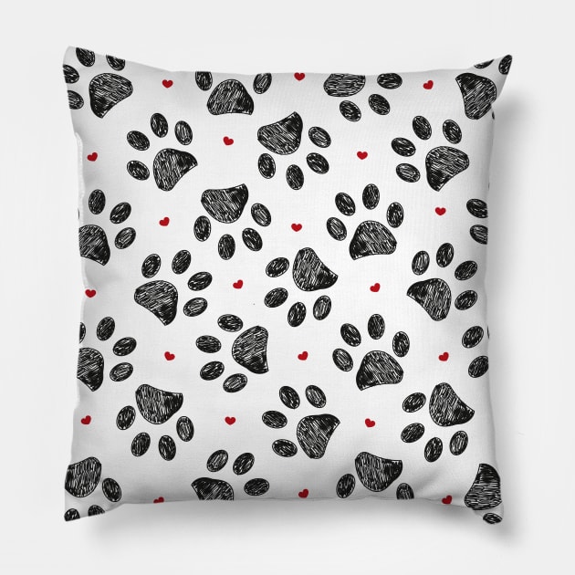 Black paw print with red hearts pattern Pillow by GULSENGUNEL