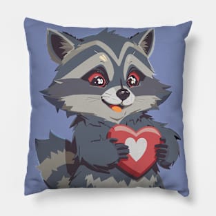 Cute Raccoon Holding Heart Illustration Pillow