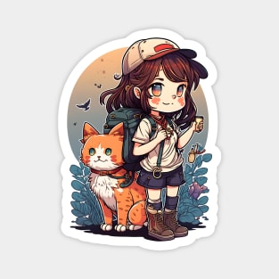 Girl & Orange Cat Kawaii Anime Floral Cat Lover Magnet