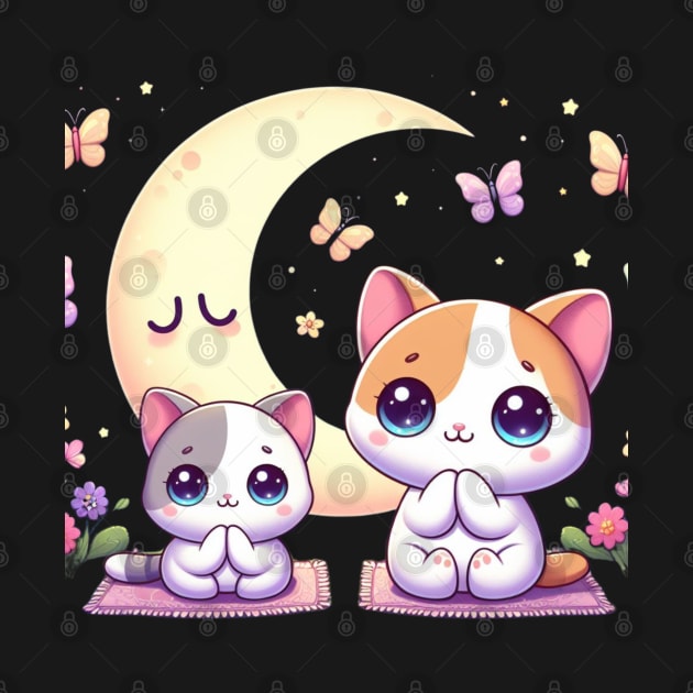 Cute Mother And Son Cat Praying with Stars and Butterflies by Divineshopy