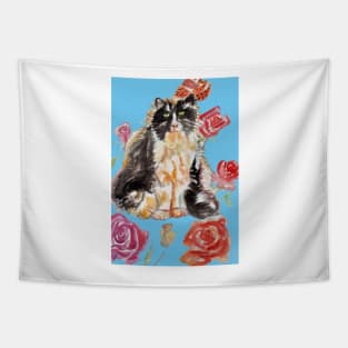 Tuxedo Cat Watercolor Painting and Roses on Light Blue Tapestry