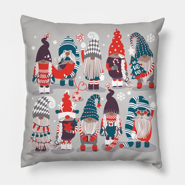 Let it gnome // spot // grey background little Santa's helpers preparing for Christmas neon red green purple beet dressed gnomes Pillow by SelmaCardoso