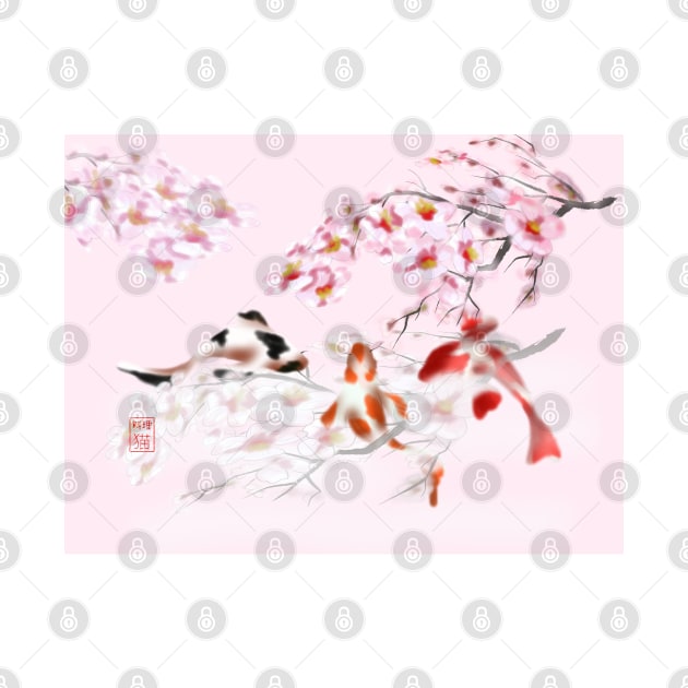 Pretty in pink koi carp with watercolour sakura sumi-e by cuisinecat