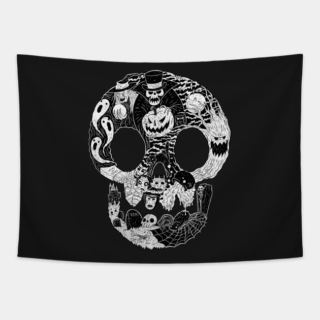 Spooky Skull White Tapestry by chrisraimoart