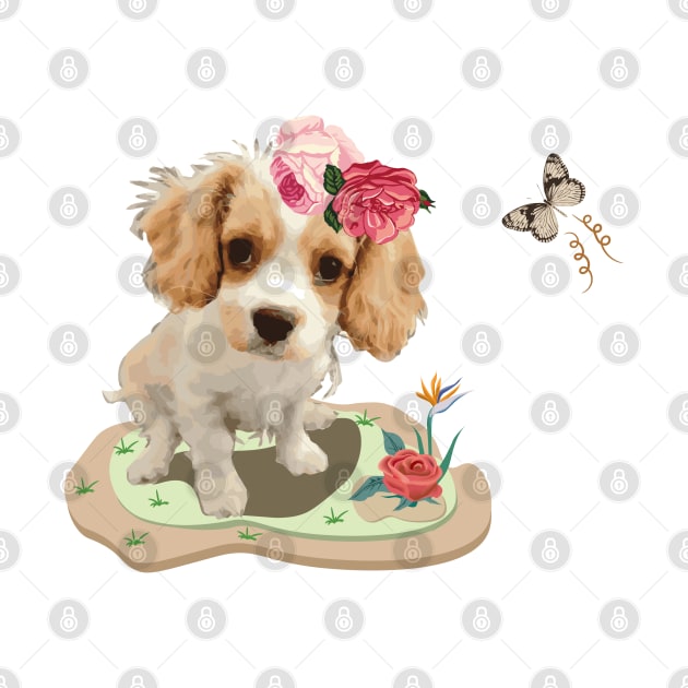 Cutie Cocker Spaniel Puppy Dog Roses flowers Butterflies by LizzyizzyDesign