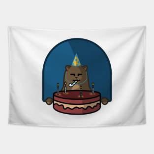 Adorable Bear Loving It's Birthday Cake Tapestry