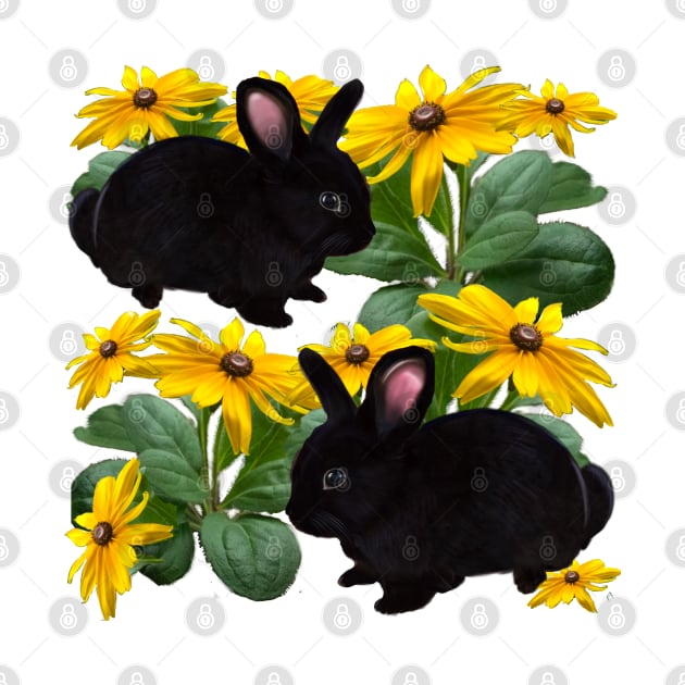 bunny rabbits in yellow  daisies - cute  ebony  dwarf lop bunny rabbits by Artonmytee