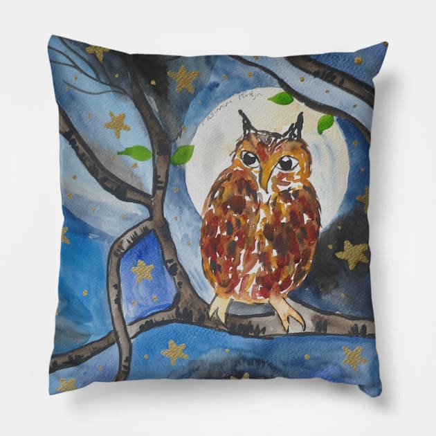 Owl in the Moonlight Pillow by Casimirasquirkyart