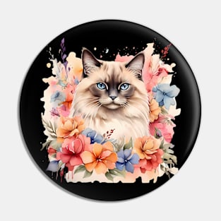 A birman cat decorated with beautiful watercolor flowers Pin