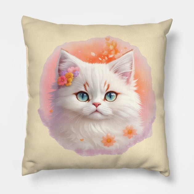 Sweet Persian Kitten: Blossoming Fantasy World in Floral Harmony Pillow by VIBRANZIO