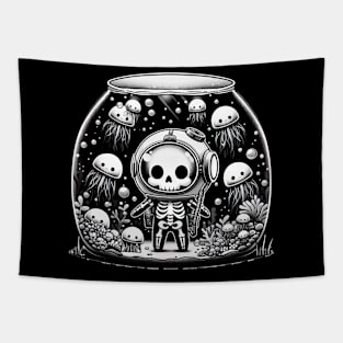 Kawaii Skeleton Diver With jellyfish in Aquarium Tapestry