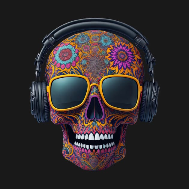 Funny Sugar Candy Skull With Headphones and Sun Glasses by allovervintage