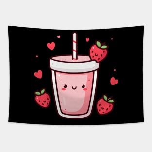 Cute Kawaii Strawberry Milkshake with Strawberries and Hearts | Kawaii Food Tapestry