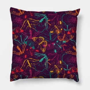 Pattern of colorful neon butterflies over dark violet Pillow