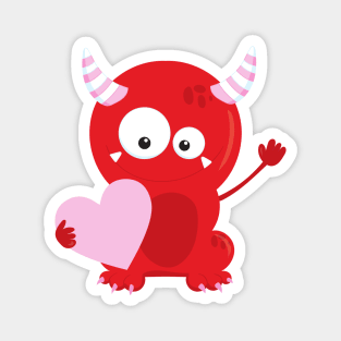 Cute Monster, Red Monster, Funny Monster, Hearts Magnet