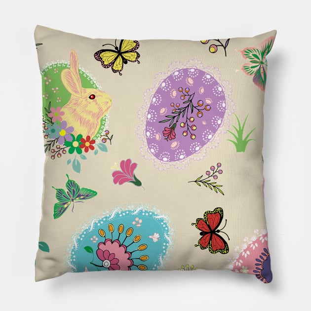 Easter Eggs Bunnies Flowers and Butterflies with Lace Borders Pillow by LizzyizzyDesign