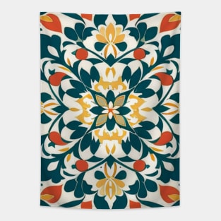 Tile Pattern - Turquoise, Yellow, and Orange Floral Tapestry