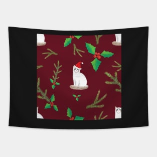 Merry Catmas Ragdoll Cats with Santa Hats - Burgundy Winter Party Pattern Tapestry