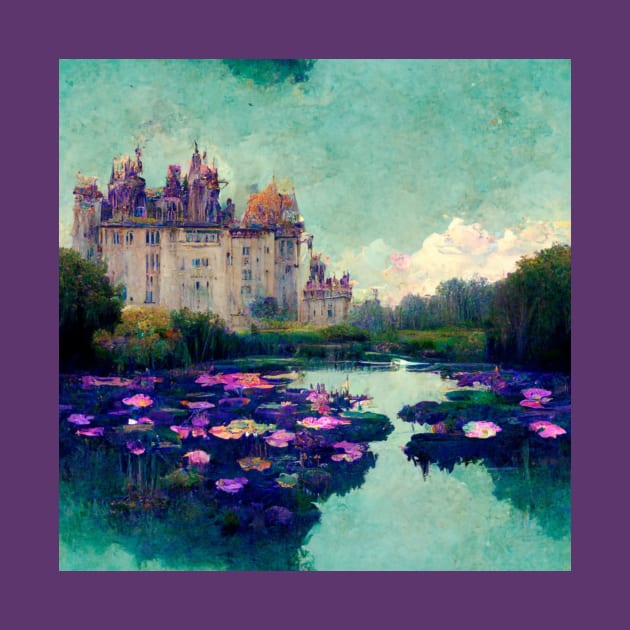 Teal Sky Castle and Waterlillie pond flower painting by joannejgg