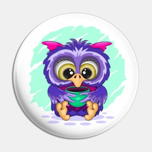 Cartoon owl with a cup Pin